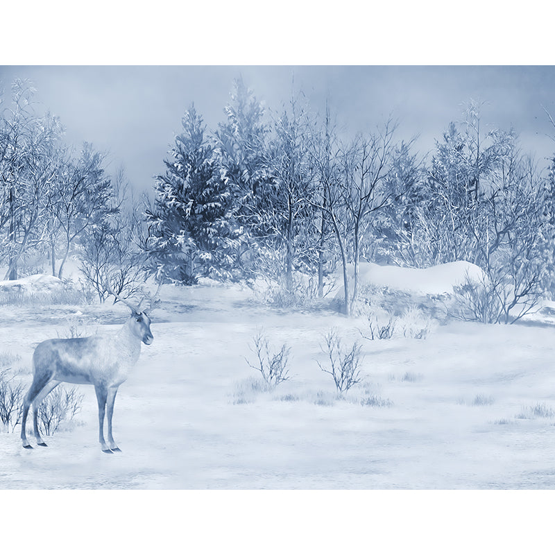White Winter Reindeer Mural Wallpaper Forest Modern Washable Wall Covering for Kitchen