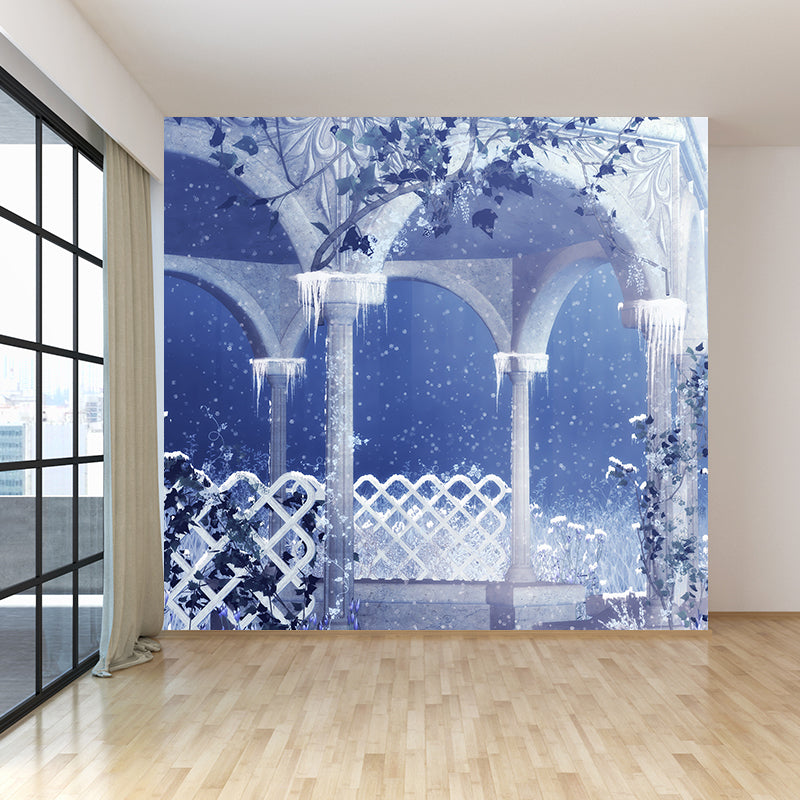 Blue Bower and Snowflake Mural Decal Waterproof Modern Interior Room Wall Covering