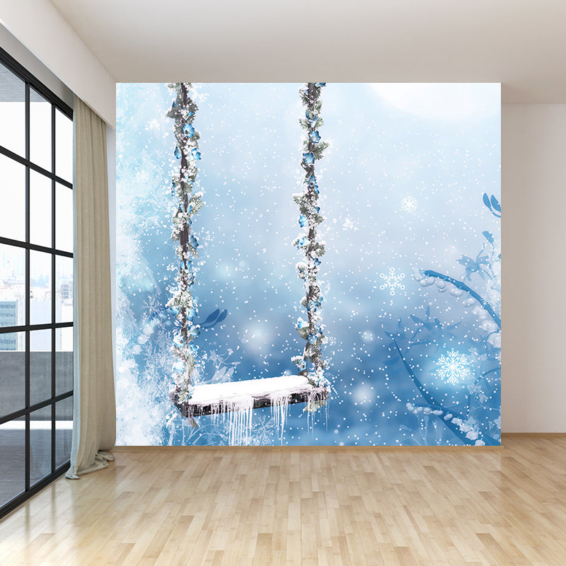 White Contemporary Mural Wallpaper Big Snow-Covered Swing Chair Wall Art for Playroom
