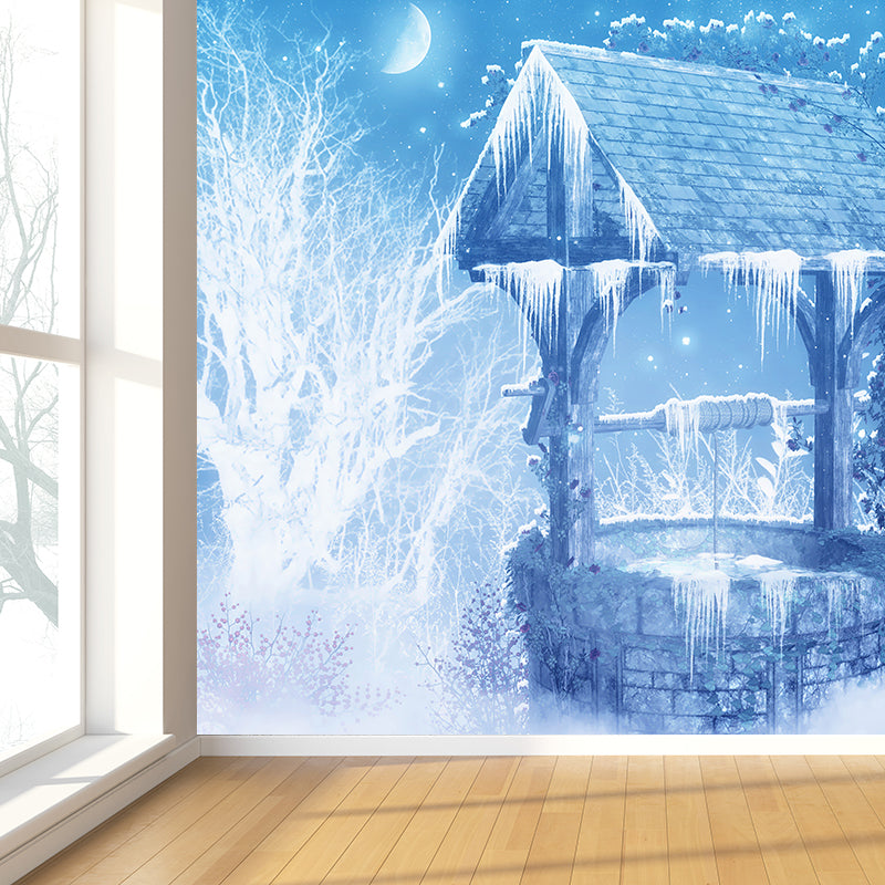 Blue Contemporary Wall Mural Great Moon and Shabby Well Wall Decor for Guest Room