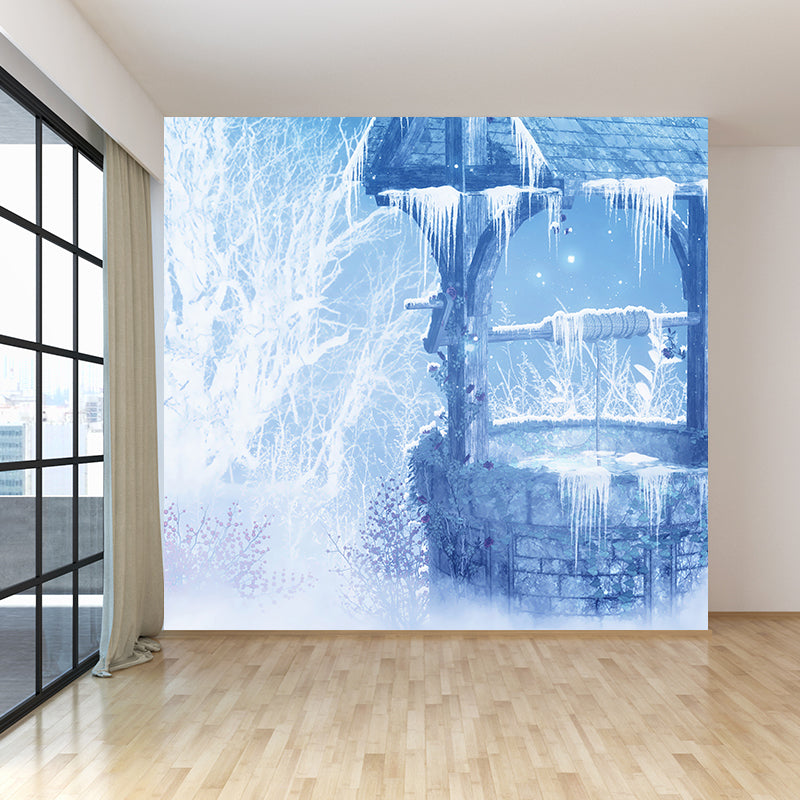 Blue Contemporary Wall Mural Great Moon and Shabby Well Wall Decor for Guest Room