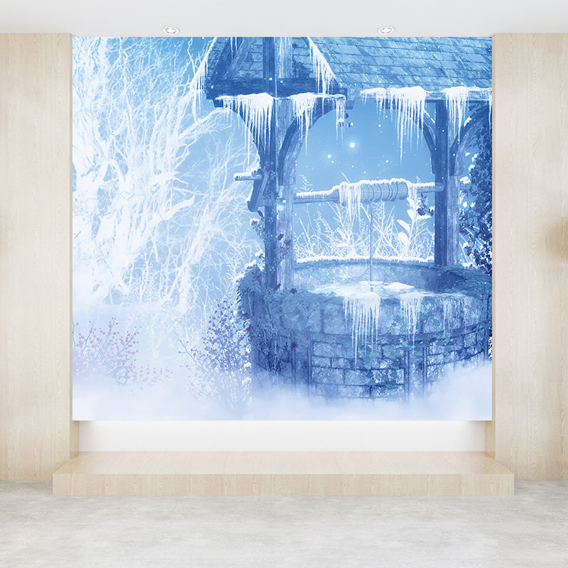 Blue Contemporary Wall Mural Great Moon and Shabby Well Wall Decor for Guest Room