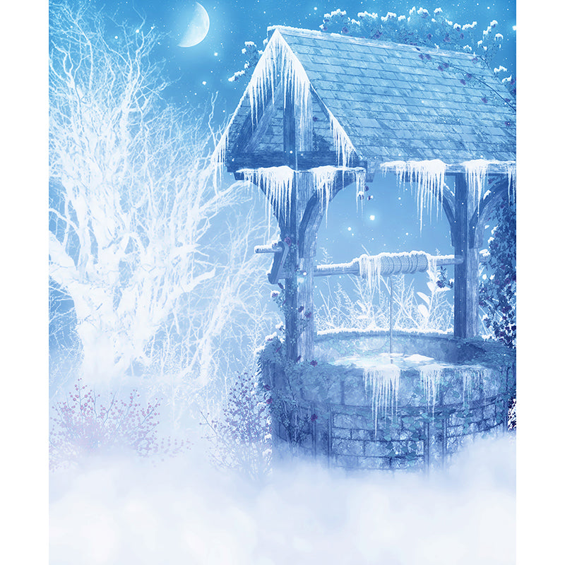 Blue Contemporary Wall Mural Great Moon and Shabby Well Wall Decor for Guest Room