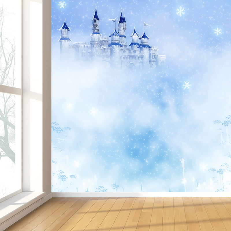 Modern Castle and Snowflake Mural Wallpaper Blue Winter Nature Landscape Wall Covering
