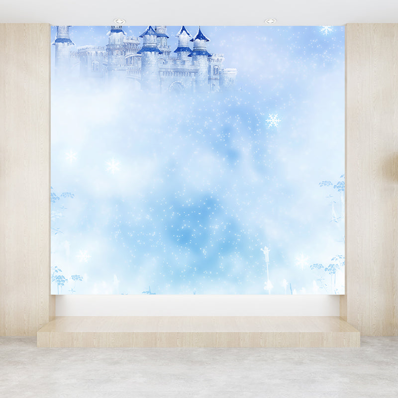Modern Castle and Snowflake Mural Wallpaper Blue Winter Nature Landscape Wall Covering