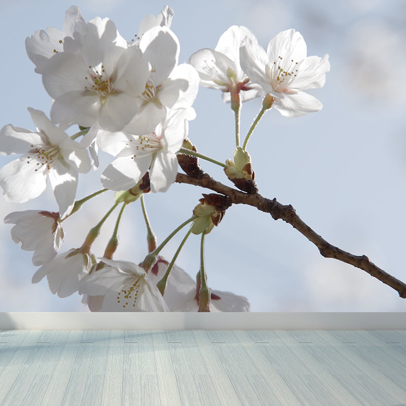 White Blossom Mural Wallpaper Moisture Resistant Modern Living Room Wall Covering