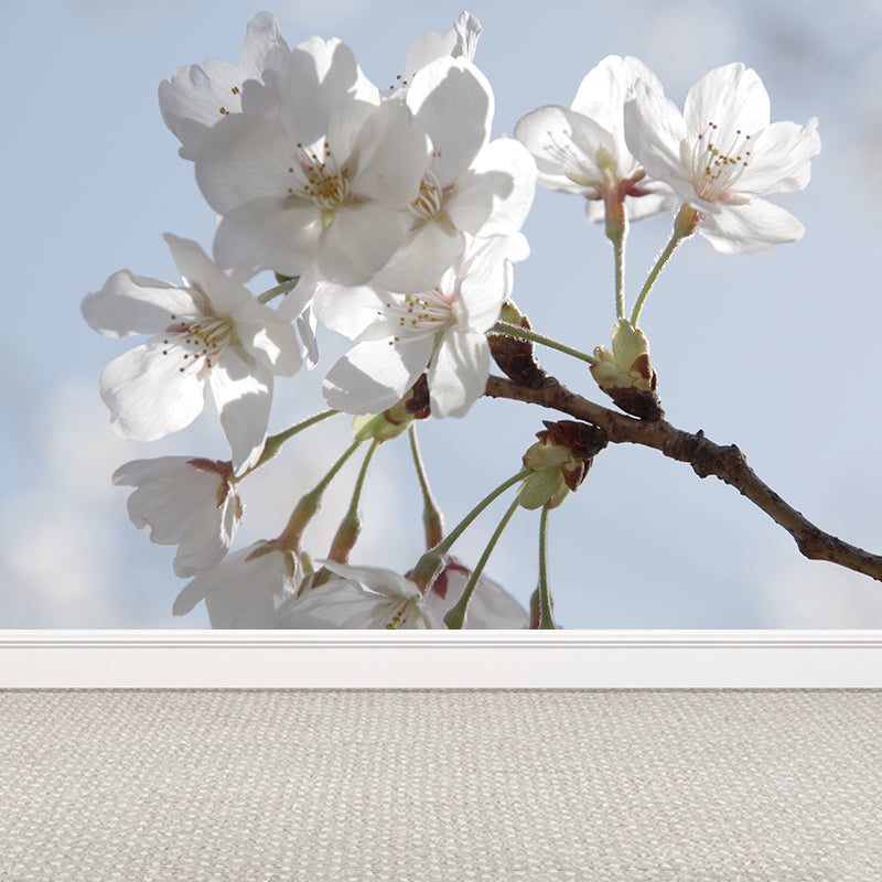 White Blossom Mural Wallpaper Moisture Resistant Modern Living Room Wall Covering