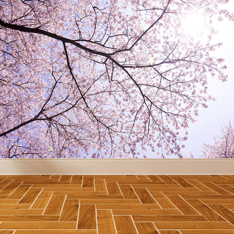 Big Cherry Forest Mural Decal Pink Non-Woven Fabric Wall Covering for Living Room, Custom Size
