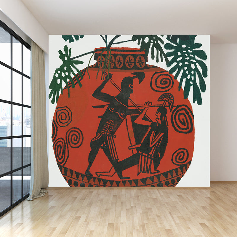 Modern Ceramic Pot Mural Decal Red Living Room Wall Covering, Custom Size Available