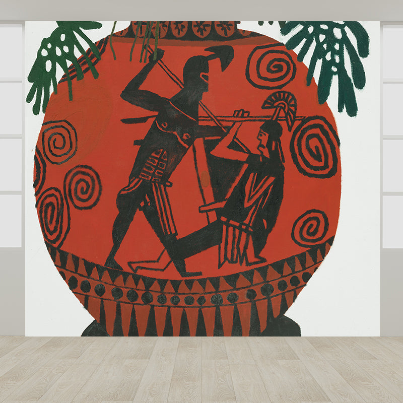 Modern Ceramic Pot Mural Decal Red Living Room Wall Covering, Custom Size Available