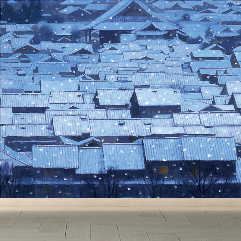 Modern Quadrangle House Mural Decal Non-Woven Washable Blue Wall Art for Boys Room