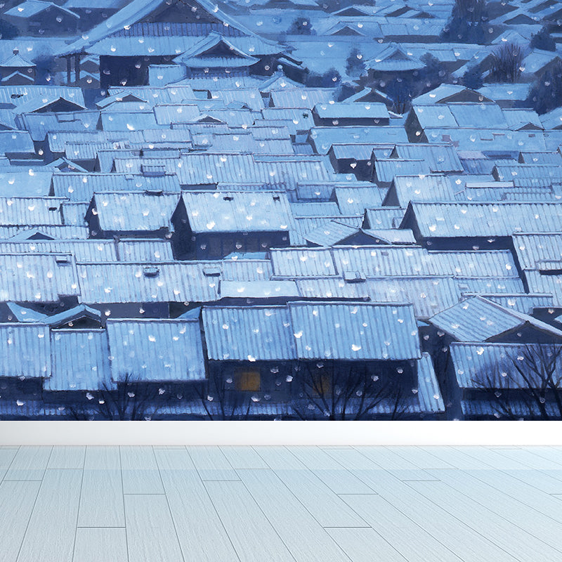 Modern Quadrangle House Mural Decal Non-Woven Washable Blue Wall Art for Boys Room