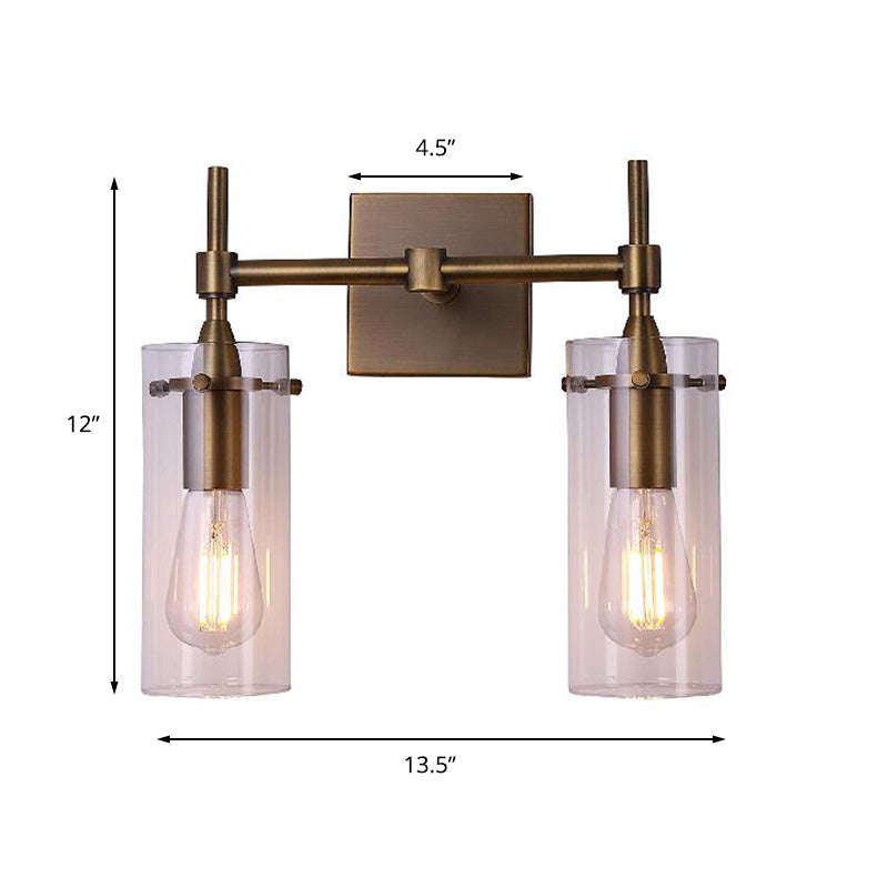 Clear Glass Cylinder Wall Sconce Modern 2 Lights Dining Room Lighting Fixture in Aged Brass