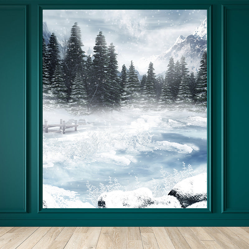 Large Frozen Lake Mural Wallpaper Modern Luxuriant Botanical Wall Decor in White