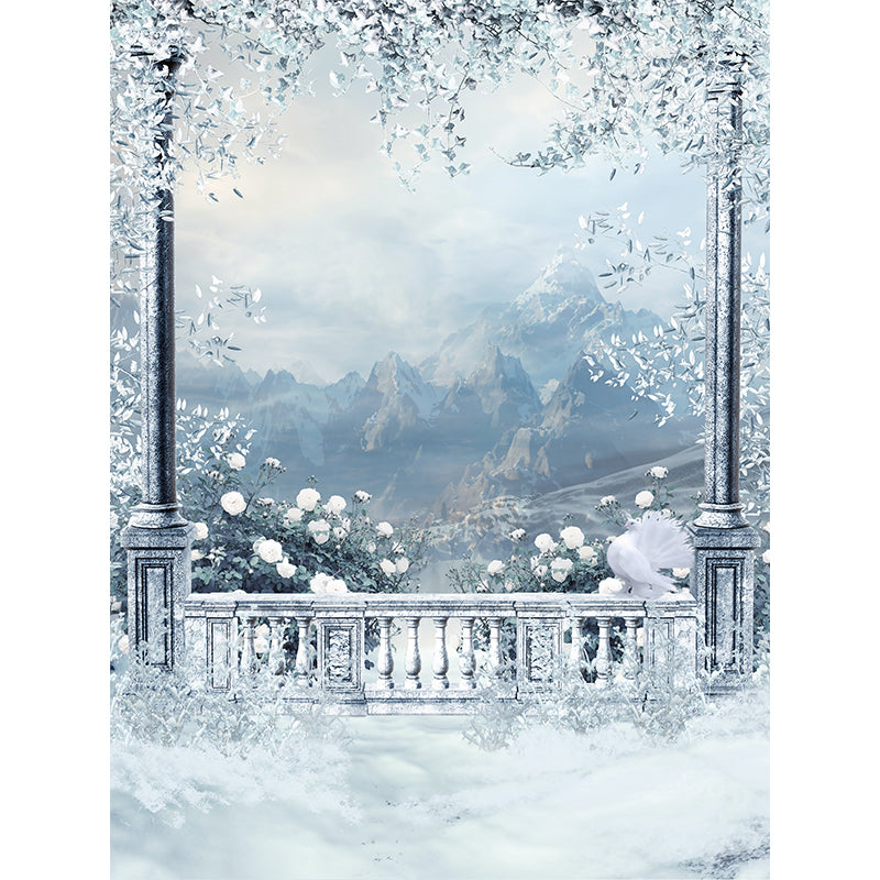 Huge Winter Mountain Mural for Bedroom Botanical Wall Art in White, Stain Resistant