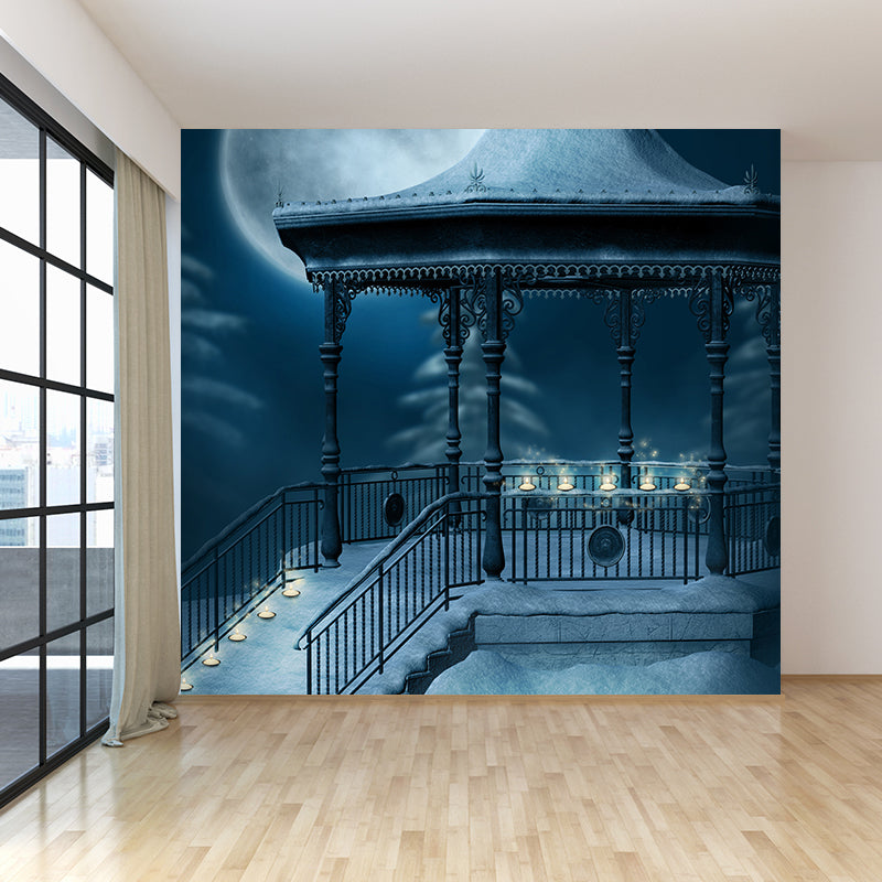 Tranquil Snowy Pavilion Mural Wallpaper for Dining Room Winter Wall Decor, Customised
