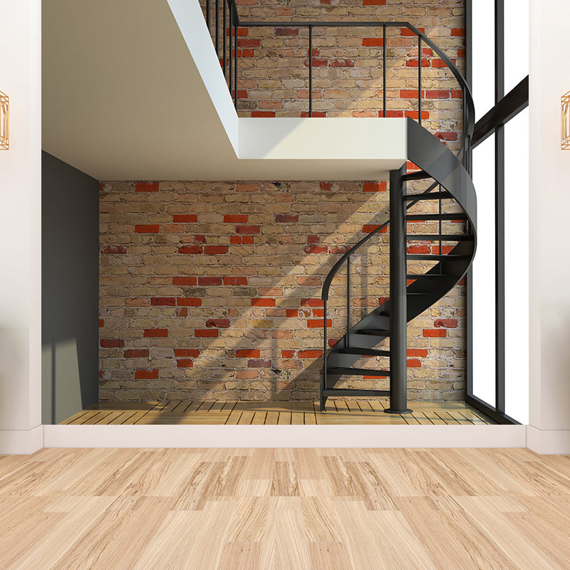 Yellow-Brown Modern Mural Large Spiral Stair and Brick Pattern Wall Decor for Home