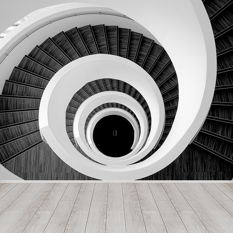 Mesmerizing Swirly Stairs Wall Mural Decal for Living Room, Black and White, Custom Size