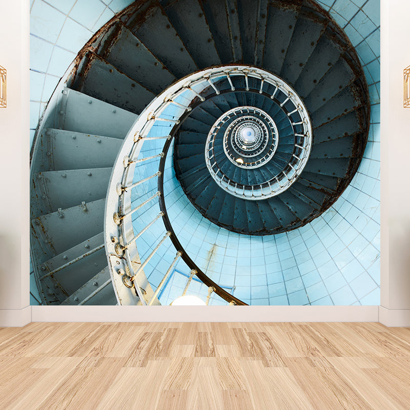 Blue Spiral Stairs Wallpaper Mural Looking-Up View Modern Stain-Proof Wall Art for Bedroom