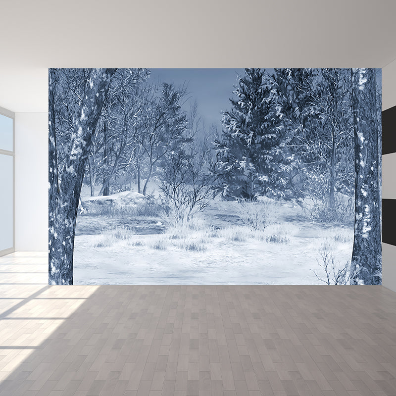 Modern Snowy Pine Trees Mural Wallpaper White Winter Botanical Landscape Wall Covering