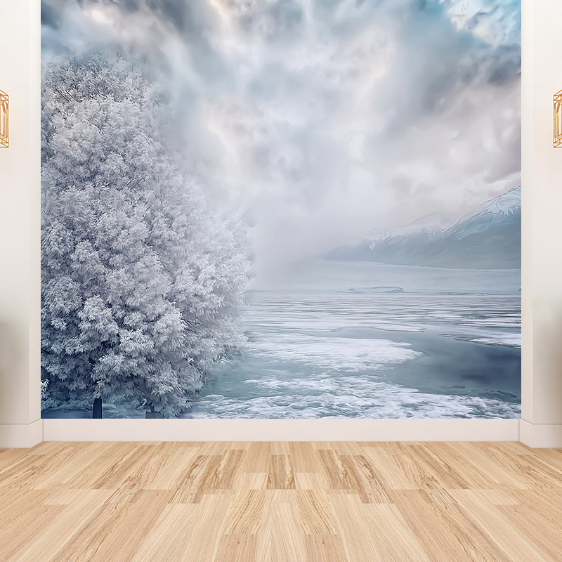 Modern Teenagers Mural Wallpaper Winter Lake and Mountain Grey Blue Wall Covering