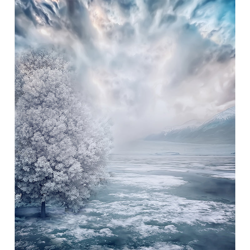 Modern Teenagers Mural Wallpaper Winter Lake and Mountain Grey Blue Wall Covering