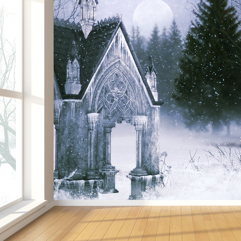 Contemporary Winter Building Wall Mural for Girls Bedroom Full Size Wall Covering in White