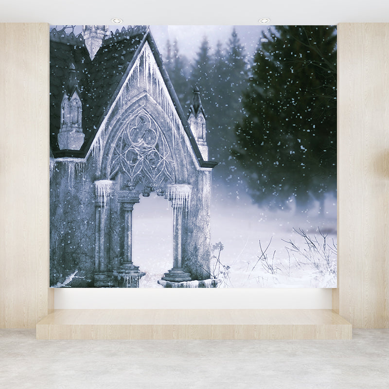 Contemporary Winter Building Wall Mural for Girls Bedroom Full Size Wall Covering in White