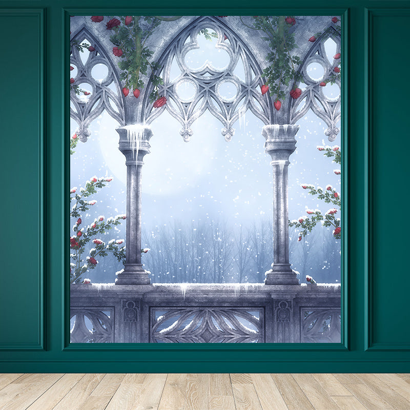 Modern Winter Flower Print Mural Decal Grey Decorative Wall Covering for Dining Room