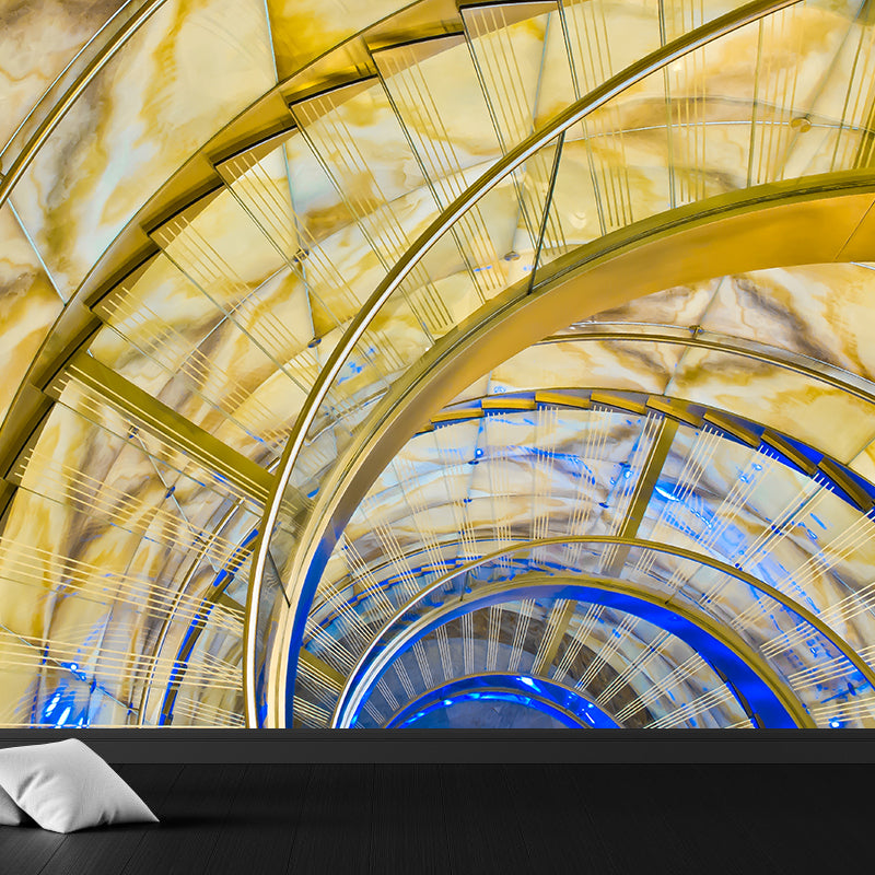 Non-Woven Washable Mural Modern Third Quarter Spiral Staircase Wall Art in Yellow