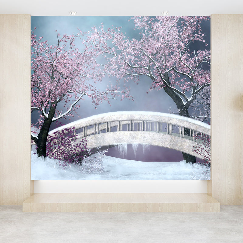 Stain-Proof Flower and Bridge Mural Non-Woven Texture Modern Wall Art for Guest Room