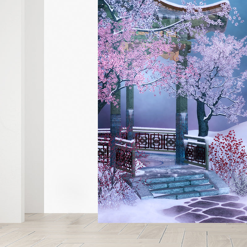 Illustration Style Pavilion Mural Decal for Dining Room, Pink, Custom Size Available