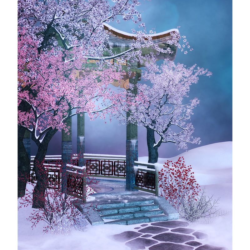 Illustration Style Pavilion Mural Decal for Dining Room, Pink, Custom Size Available