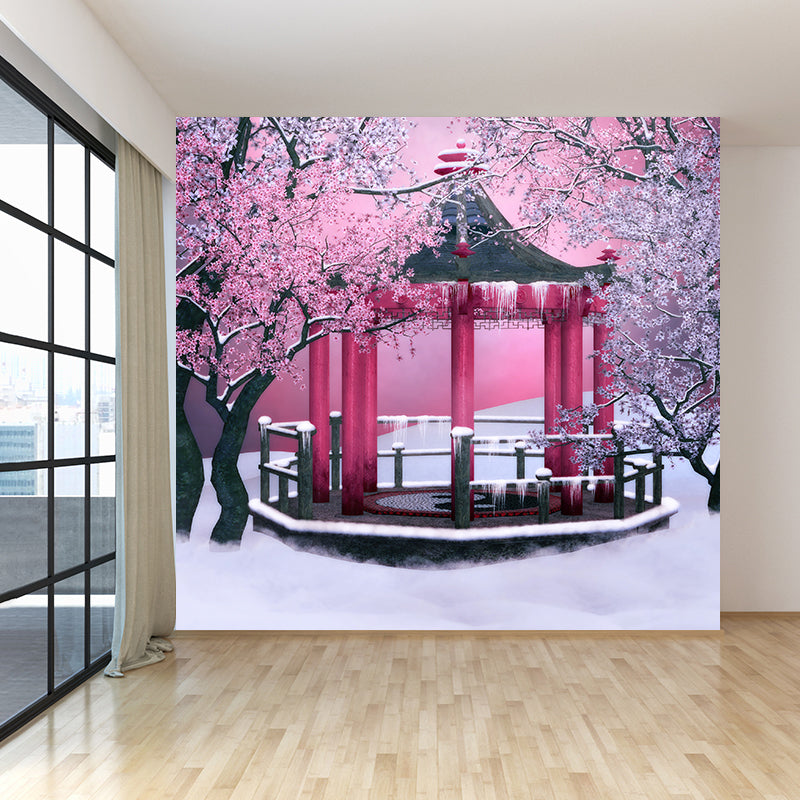 Large Flower and Pavilion Mural Contemporary Chilling Winterscape Wall Decor in Pink