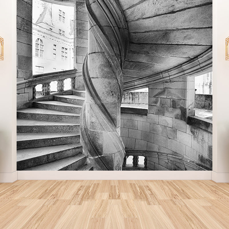 Photography Stone Swirl Stairway Mural for Living Room, Grey, Custom Size Available