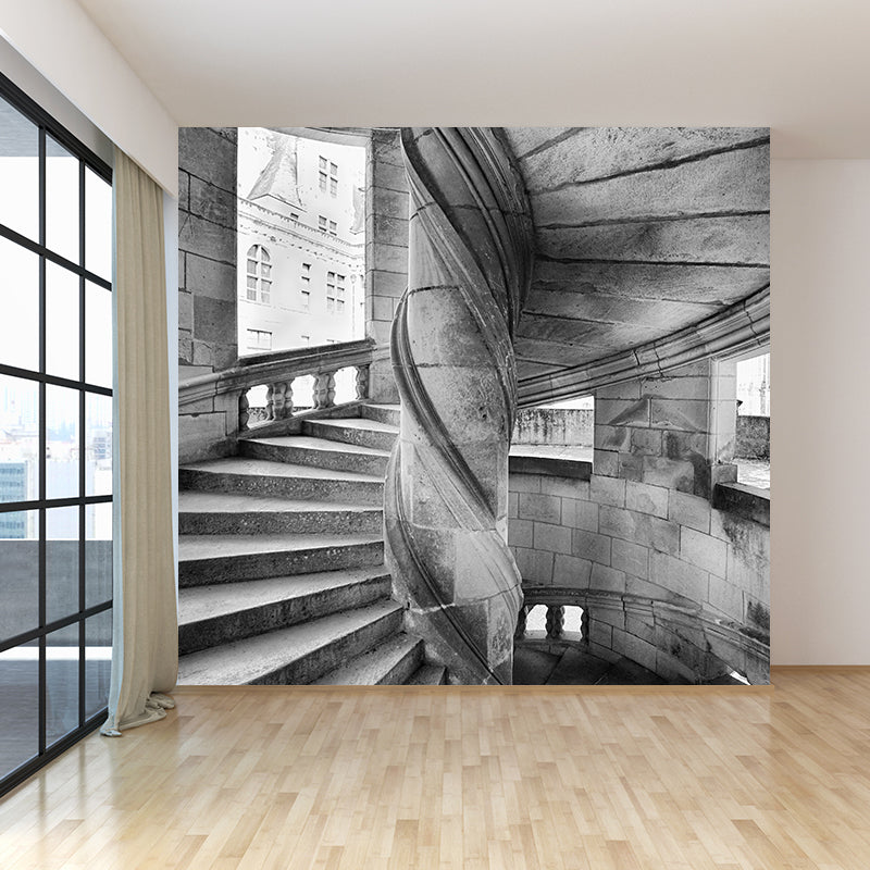 Photography Stone Swirl Stairway Mural for Living Room, Grey, Custom Size Available