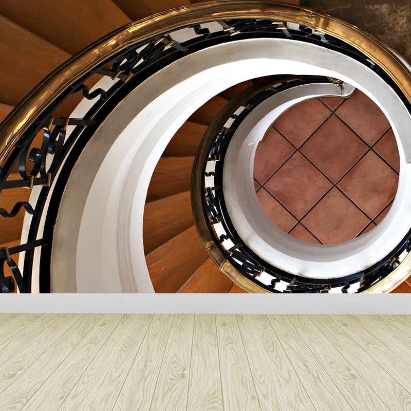 Contemporary Spiral Wood Stairs Mural Brown Waterproofing Wall Covering for Home