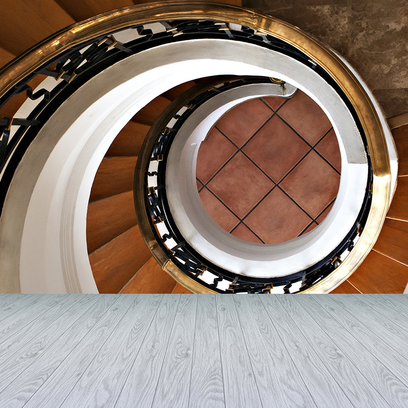 Contemporary Spiral Wood Stairs Mural Brown Waterproofing Wall Covering for Home
