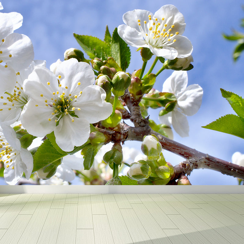 Modern Blossom Mural Decal Non-Woven Texture Waterproofing White Wall Art for Indoor