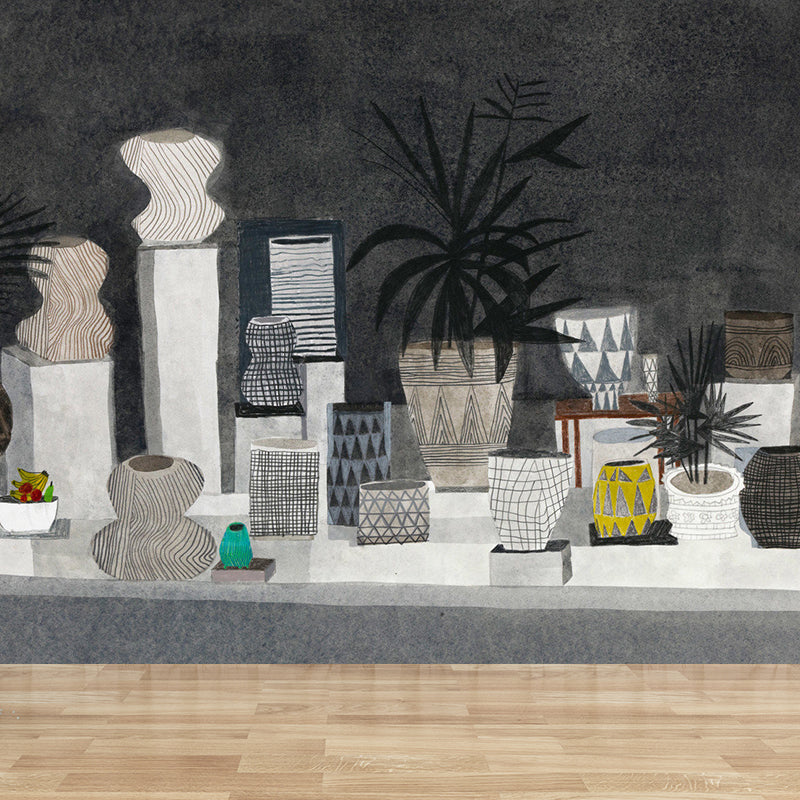 Modern Ceramic Pots Mural Decal Black Dining Room Wall Art, Custom Size Available