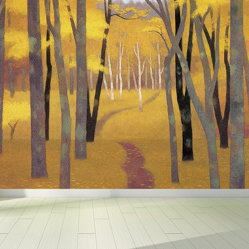 Modern Autumn Wood Mural Wallpaper Non-Woven Texture Waterproofing Yellow Wall Art for Bedroom