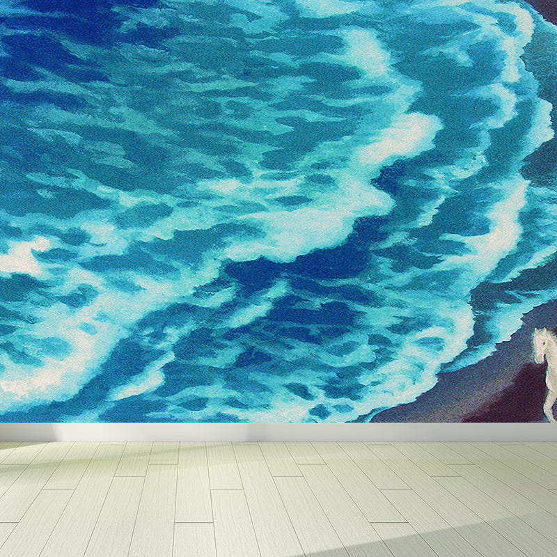 Great Ocean Landscape Mural Decal Contemporary Lush Floristic Wall Decor in Blue