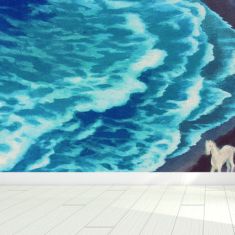 Great Ocean Landscape Mural Decal Contemporary Lush Floristic Wall Decor in Blue