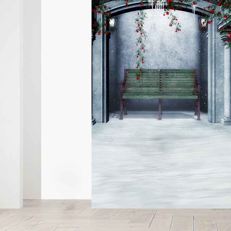 Winter Backyard Mural Decal Contemporay Non-Woven Textured Wall Covering in Green