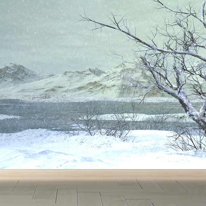 Illustration Style Winter Hills Mural Giant Wall Covering for Dining Room, Custom