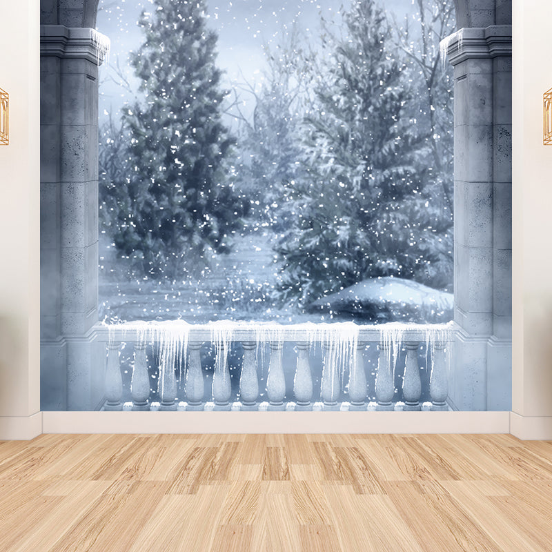 Gray Winter Pine Trees Mural Wallpaper Forest Modern Washable Wall Covering for Playroom
