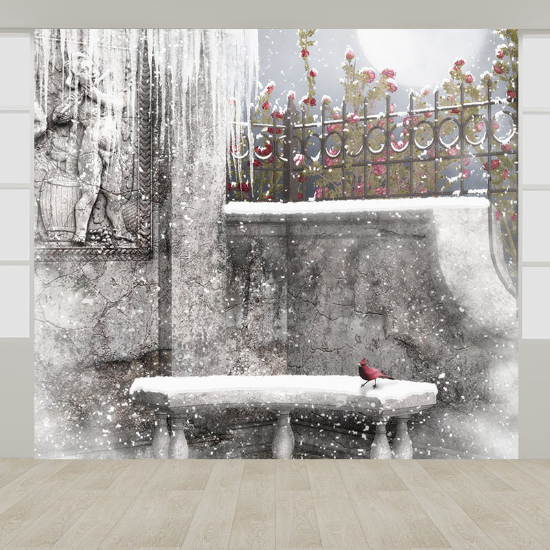 Gray Modern Mural Wallpaper Huge Yard Snow-Covered Landscape Wall Decor for Dining Room