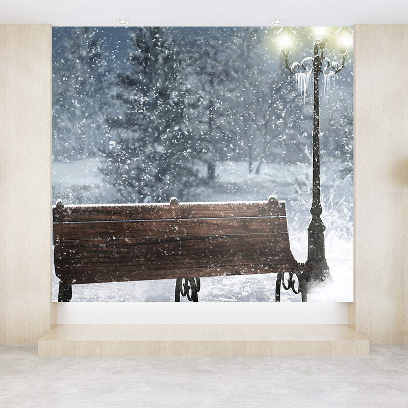 Blue Snowscape and Bench Mural Wallpaper Forest Contemporary Stain proof Wall Art