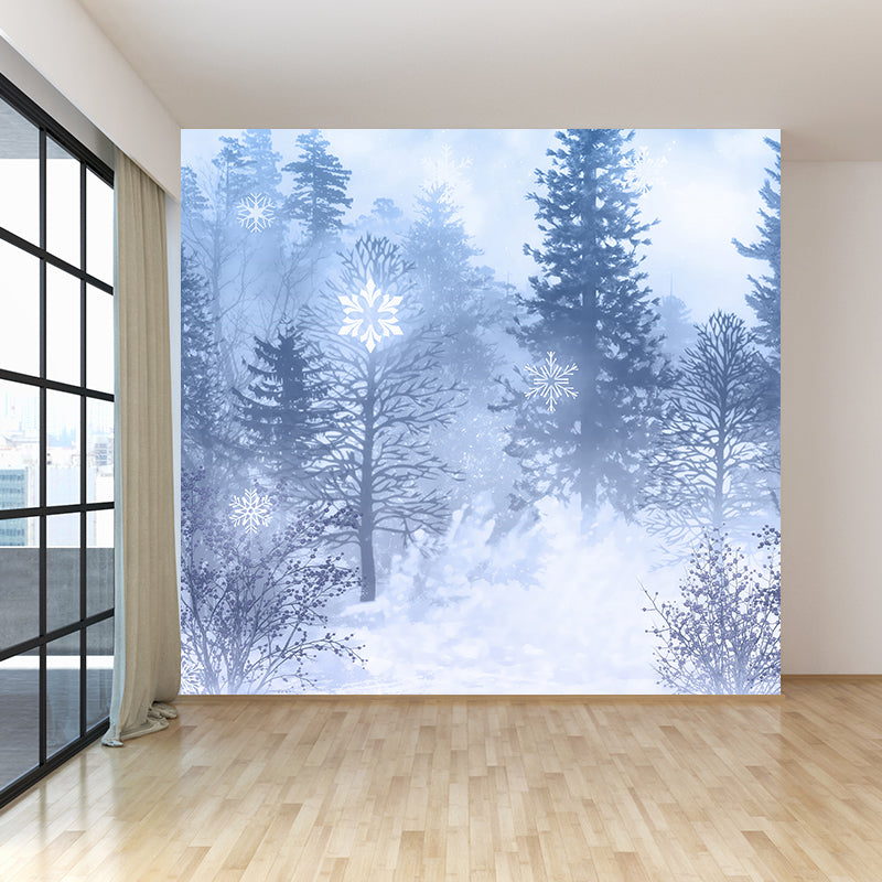 Mysterious Forest Scene Mural Wallpaper for Dining Room, Blue, Custom Size Available