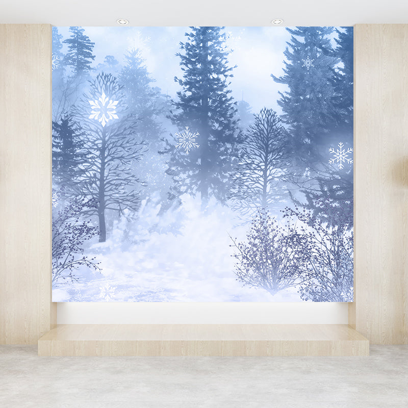 Mysterious Forest Scene Mural Wallpaper for Dining Room, Blue, Custom Size Available